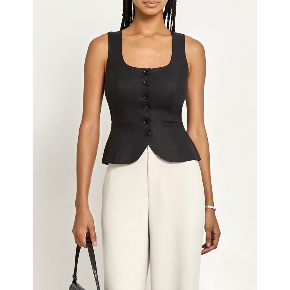 Few Moda Kourt Women Black Linen Button Front Waistcoat‎ Vest Cinch Back Size 6